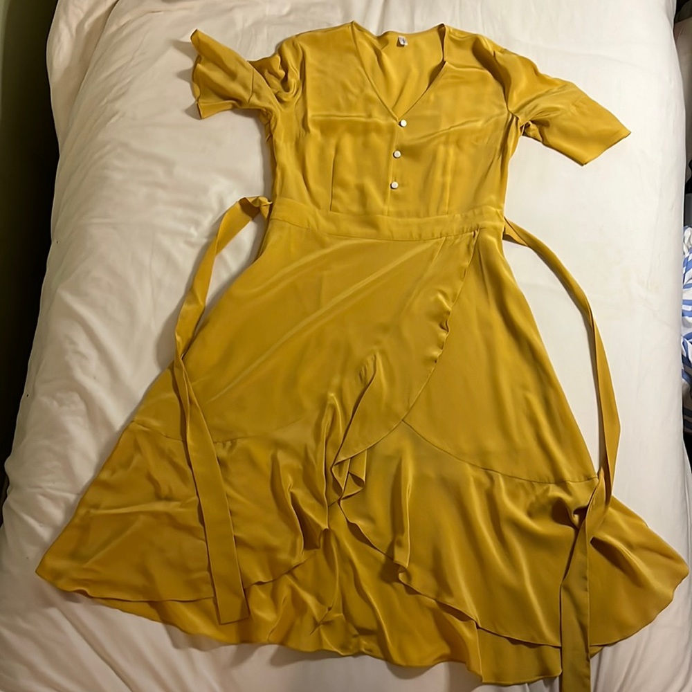 Lilysilk Yellow Faux Wrap Ruffle Tie Back Midi Dress Size S